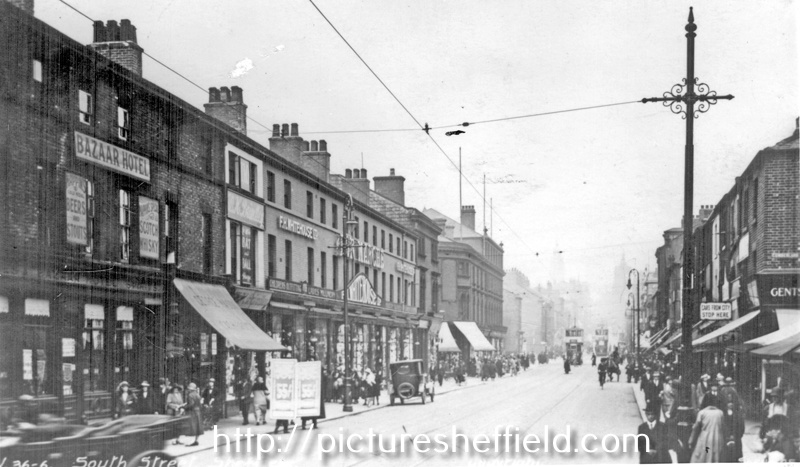 South Street, Moor, premises on left include No 116, Bazaar Hotel, Nos 96-108. F.H. Whitehouse Ltd., Drapers 	