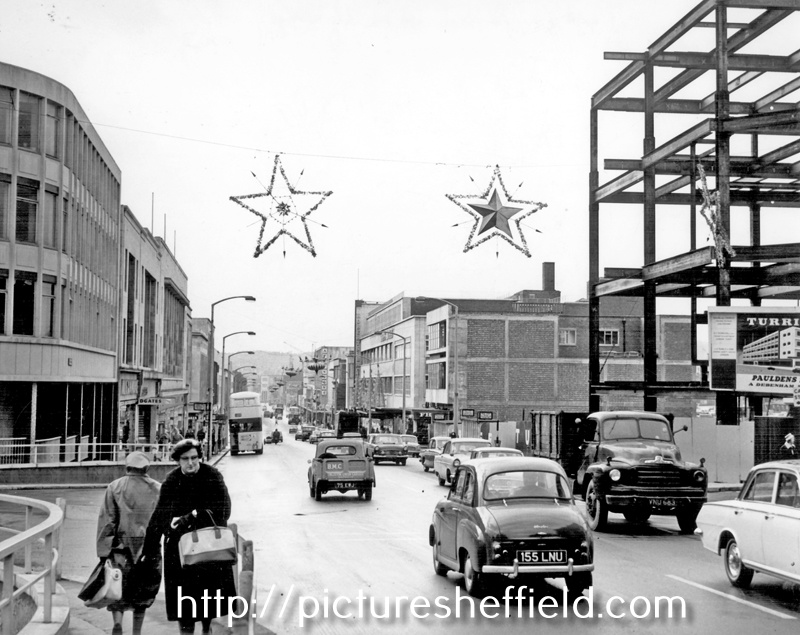 Moorhead looking towards The Moor showing Christmas Decorations, construction of Pauldens Ltd., right