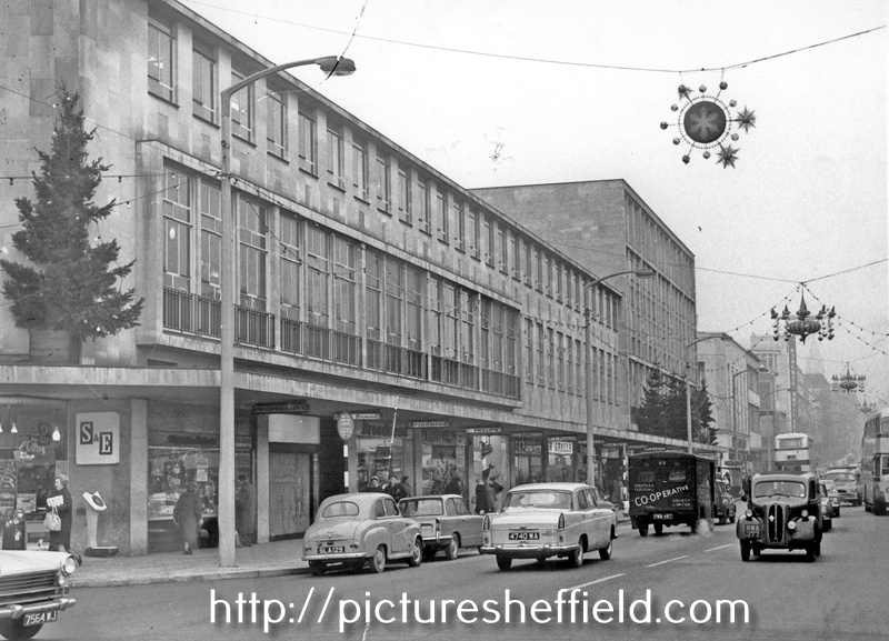 Christmas decorations on The Moor, shops include No 102, Sheffield and Ecclesall Co-operative Society Ltd.