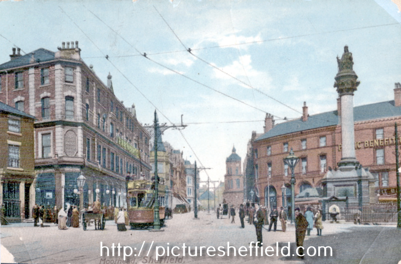 Moorhead, looking towards Pinstone Street, including Nelson Hotel and Crimean Monument, right, T. and J. Roberts Ltd., general drapers, left (later became Roberts Brothers)