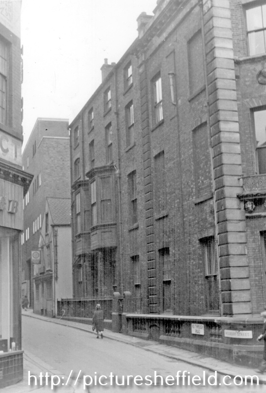Mulberry Street from Norfolk Street showing side view of No.36 The Sheffield Club and Mulberry Tavern