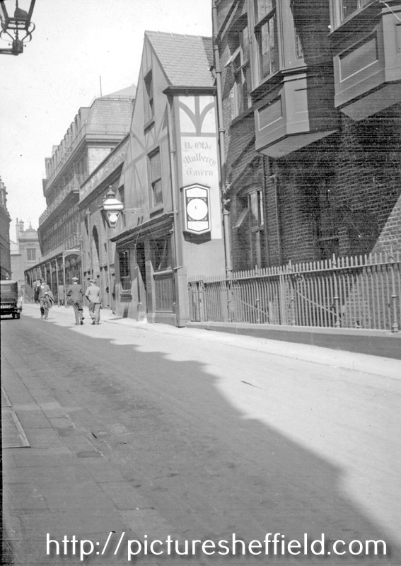 Mulberry Street from Norfolk Street, Sheffield Club and No. 2 Mulberry Tavern, right, J. Walsh and Co. Ltd., department store, in background