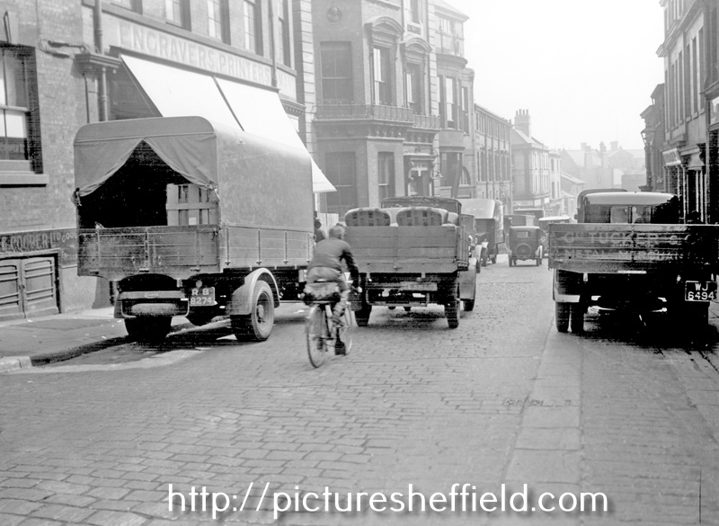 Norfolk Street, 1935-1936, Pawson and Brailsford Ltd., printers (left, with lorry outside), No.36 The Sheffield Club, in background