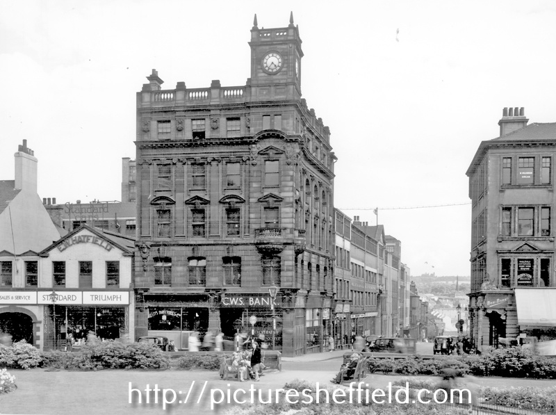 Norfolk Street looking towards Howard Street, from St. Paul's Gardens, Nos. 147 -151 Norfolk Street, E.W. Hatfield, car dealers, Nos. 153-157 Howard Chambers including No. 153 Kelly's Directories Ltd., No. 159 J.W. Thornton Ltd., confectioners, right