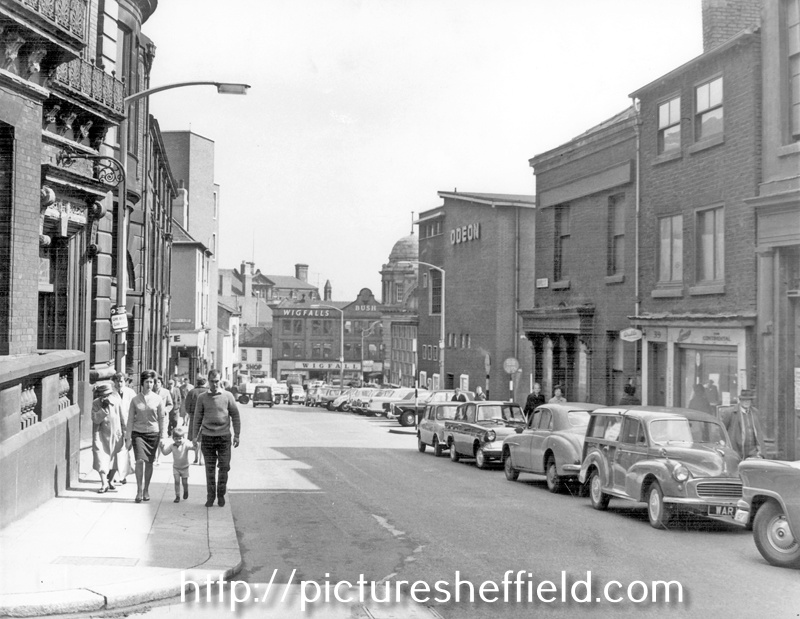 Norfolk Street outside No. 36 The Sheffield Club, looking towards Fitzalan Square, Odeon Cinema, right