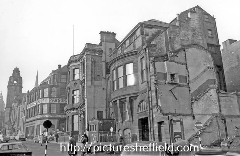 Norfolk Street, exposed side wall of No. 36 Sheffield Club after demolition of Messrs. Ashton's premises, Pawson and Brailsford, printers and Victoria Hall in background