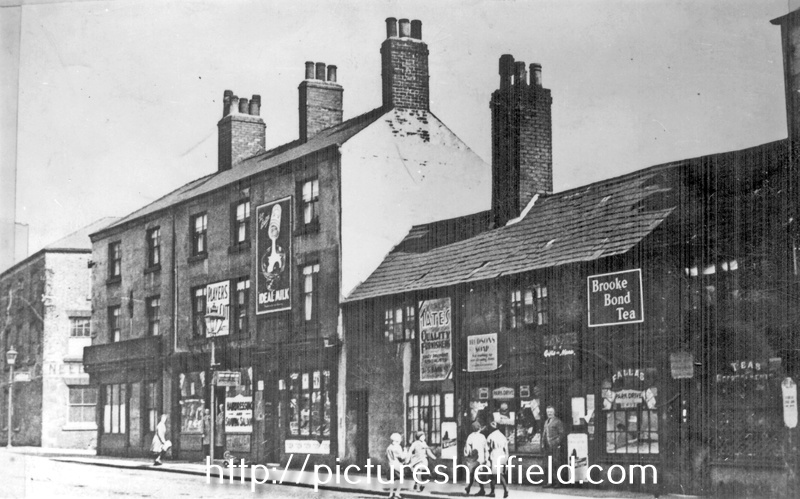 Nos. 63 - 73 Pond Street, later became site of bus station, premises include Nos. 71 and 73 Ann E. Fallas, shopkeeper, entrance to Court 5, No. 67 Dining Rooms, No. 65 George Binns, hairdresser