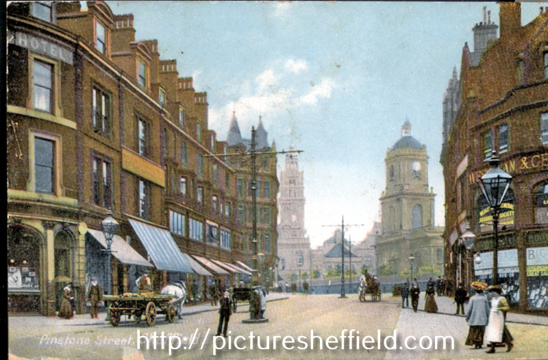 Pinstone Street from junction with Charles Street, Nos. 84 and 86 Athol Hotel, Nos. 78 and 80 Leonard Beswick, stationer