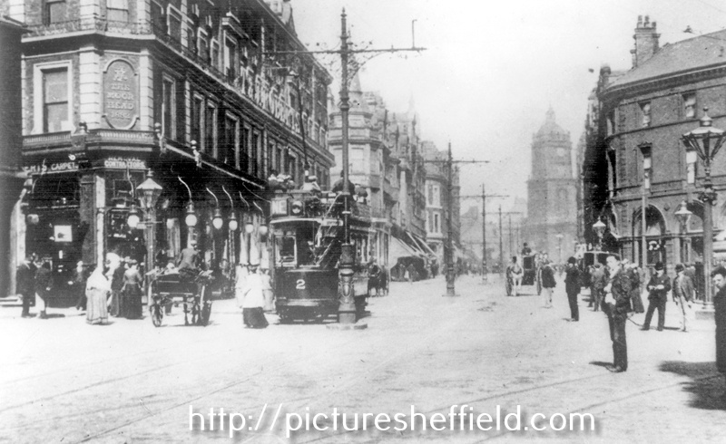 Moorhead looking towards Pinstone Street, 1900-1905, T. and G. Roberts, drapers, left, Nelson Hotel, right