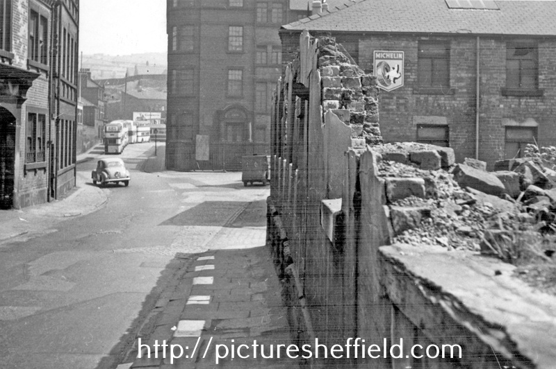 Pond Hill looking towards junction with River Lane, right, Joseph Rodgers and Sons Ltd., Sheaf Island Works, Cutlery Works