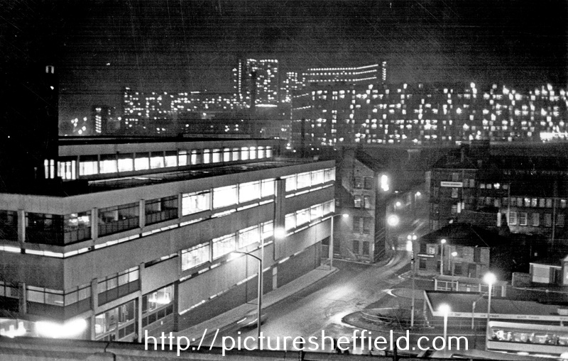 Pond Hill, General Post Office and Penny Black public house, on left, Park Hill and Hyde Park flats in background