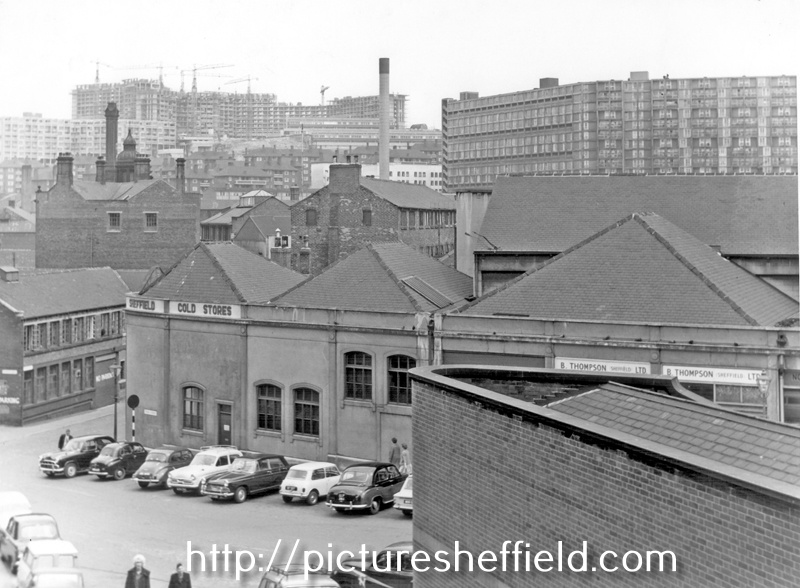 Pond Street looking towards The Sheffield Cold Stores, Meat Wholesalers (foreground) and Park Hill and Hyde Park Flats, Shude Lane, left,