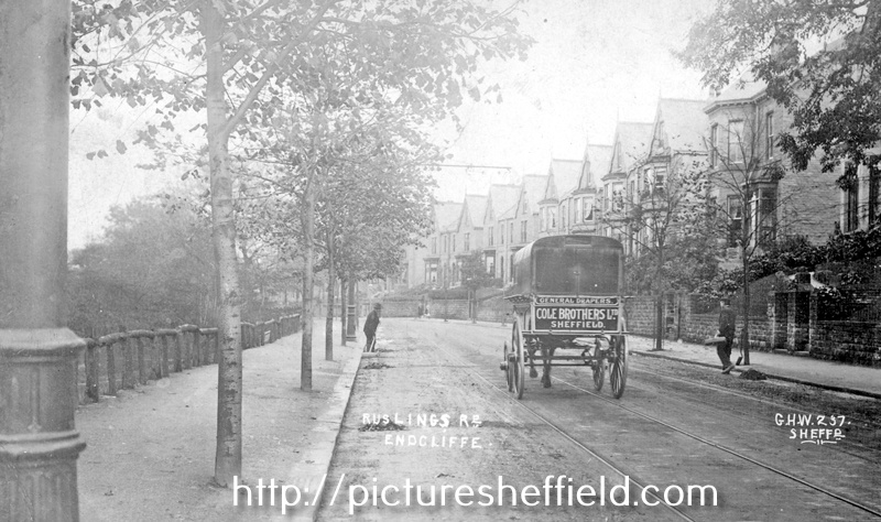 Cole Brothers' horse-drawn van on Rustlings Road, note the road sweepers
