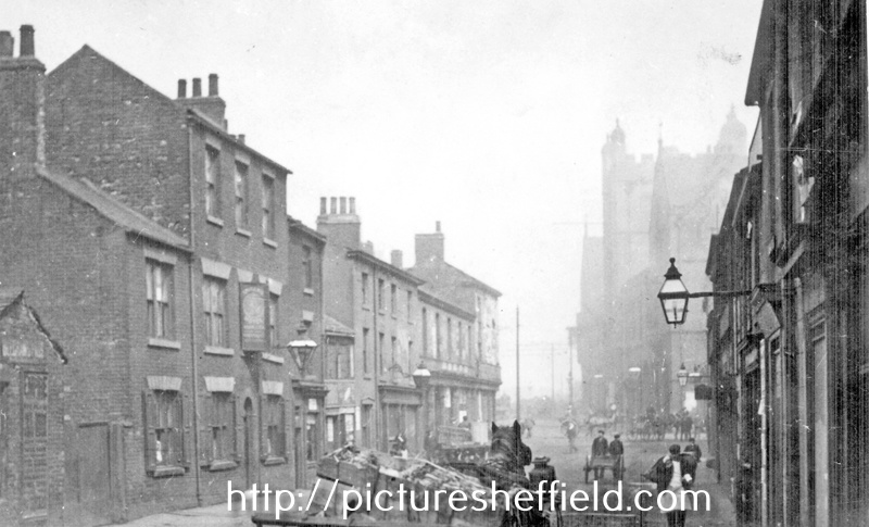 Sheaf Street looking towards junction with Broad Street and Corn Exchange, premises include (from left) No 20, Queen's Head and No 14, Horse and Jockey Hotel