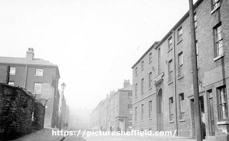 No. 222 Cooke and Stevenson Ltd, electrical engineers (formerly the Catholic Boys Hostel), Solly Street, corner of St. Vincent's Vicarage wall (left), No. 223, Hope and Anchor public house, corner of Red Hill (left), Corn Hill (right) looking towards