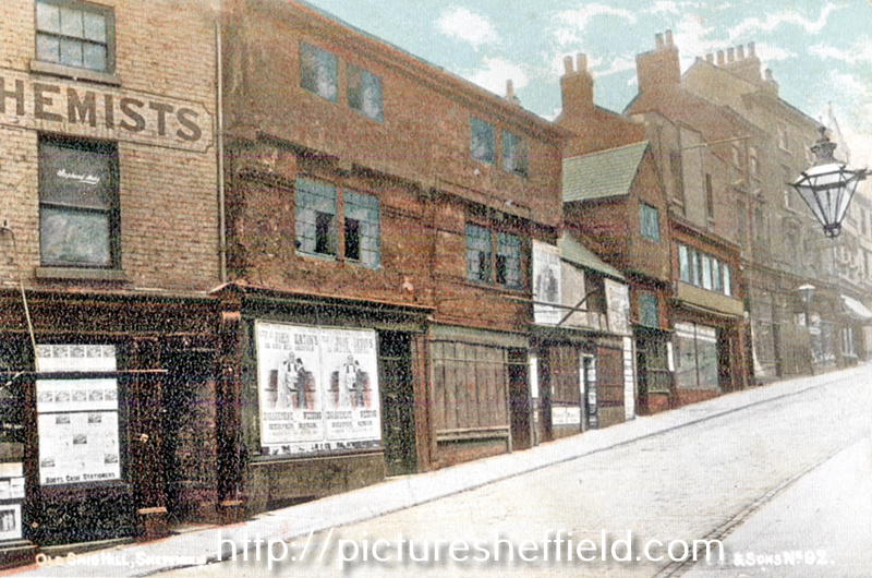 Snig Hill from West Bar, derelict timber framed shops, prior to demolition in 1900 	