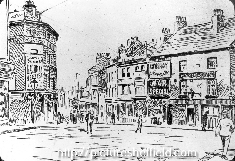 Snig Hill from Bank Street and Castle Street, former printing offices of the Sheffield Independent, left, No. 46 Castle Inn, No 48, Bombay Tea Co., tea merchants; No. 50 J. Wilson and Son, toy importers, Great Central Toy Warehouse, right