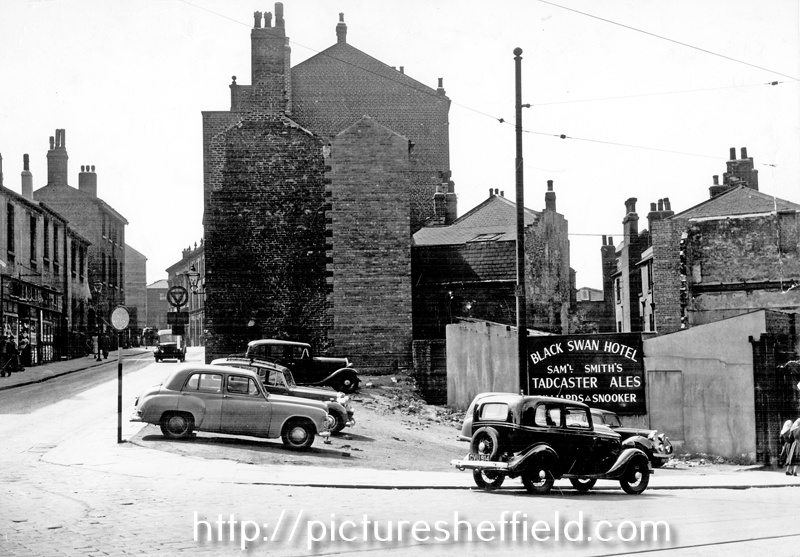 Snig Hill at junction with Bank Street, left, after the demolition of the Black Swan Hotel