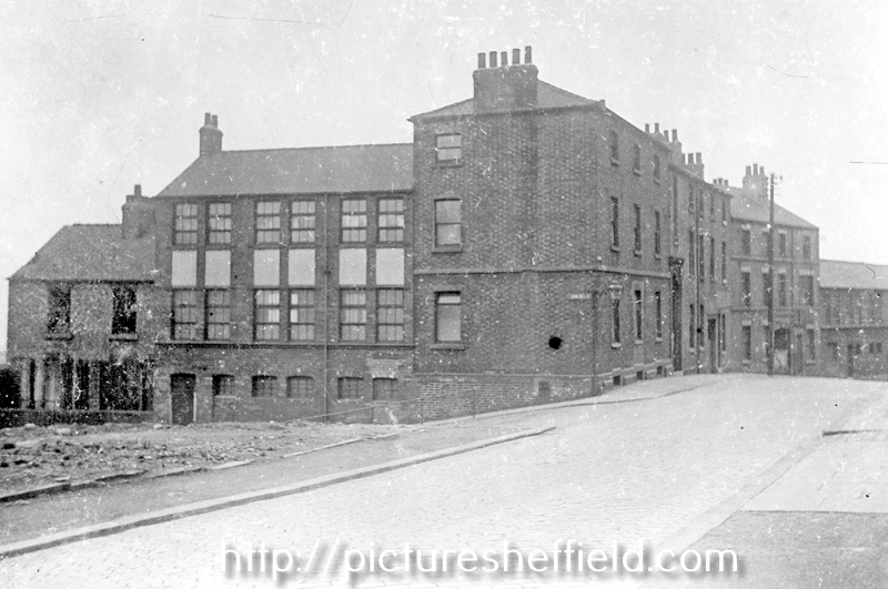 No. 222, Cooke and Stevenson Ltd., electrical engineers, (formerly the Catholic Boys Hostel), Solly Street at the junction with Corn Hill looking towards No. 216,  James Lodge Ltd., cutlery manufacturers, Cambridge Works