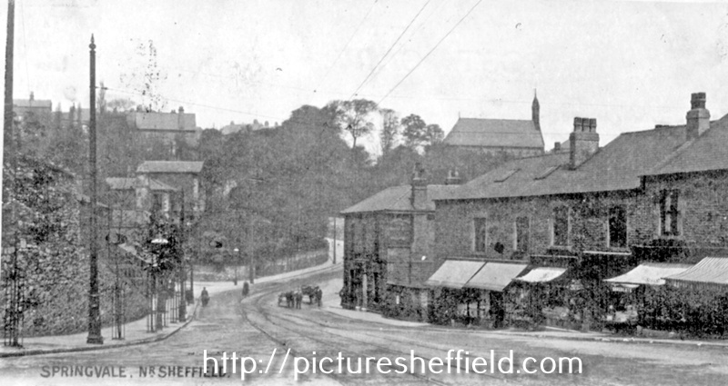 Common Side, Upperthorpe, looking towards Howard Road (including Chapel belonging to St. Joseph's Home for Catholic Girls) and Springvale Road, shops and Springvale Hotel on right