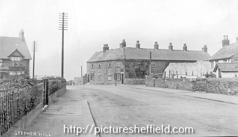 Manchester Road looking towards junction of Stephen Hill, right. Sportsman Inn, left, White washed cottage, right, was formerly used for Methodist meetings