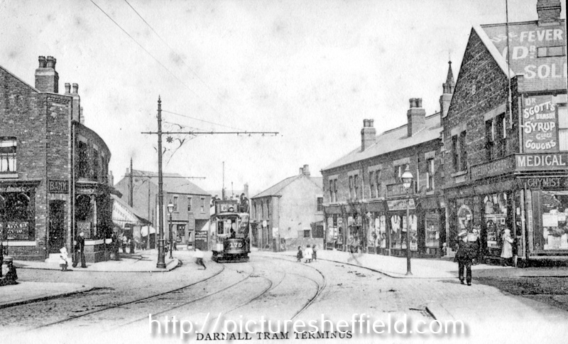 Tram No. 175, Darnall Tram Terminus, Staniforth Road, showing Nos. 642, Arthur James Appleton, chemist at the junction with Kirby Road (right) and 689, York City and County Bank on the corner of Irving Street, Between 1902-1905