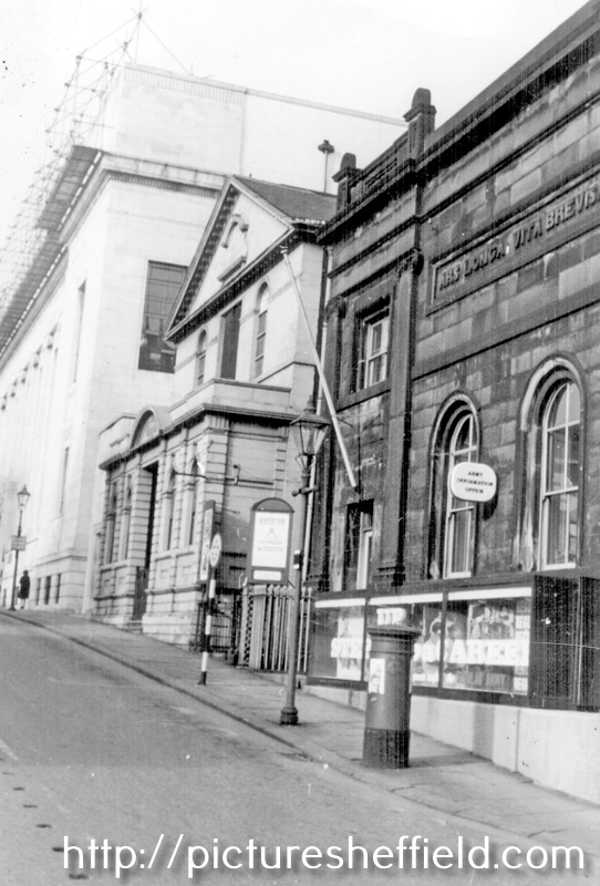 Surrey Street looking towards Central Library. United Methodist Church and former School of Medicine, then occupied by Army Information Office