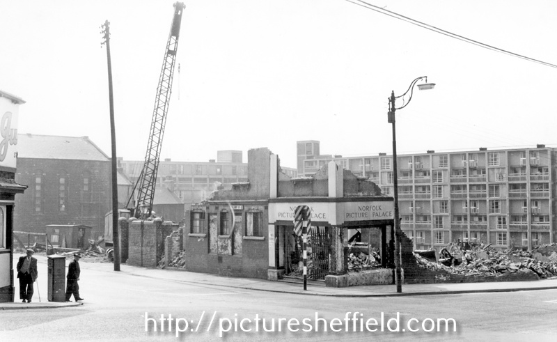 Demolition of premises including Norfolk Picture Palace, Talbot Street, from Duke Street. Talbot Street Methodist Chapel and Park Hill Flats, in background