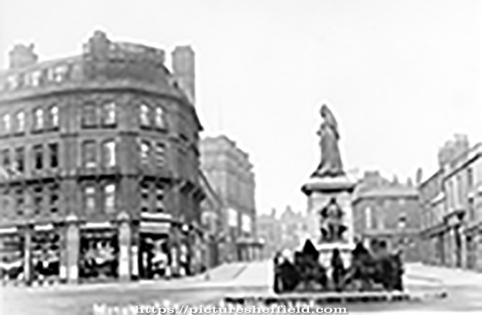 Queen Victoria Monument, Town Hall Square, looking towards Barkers Pool/Fargate (Fargate extended to Pool Square until the 1960s when it became part of Barkers Pool), including Albert Hall. Wilson Peck, Pinstone Street, left
