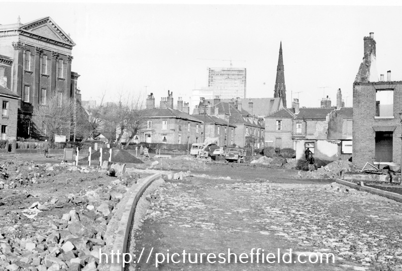 Construction of Inner Ring Road, Hanover Way, looking towards Upper Hanover Street and junction with Broomspring Lane. Hanover United Methodist Free Church, left, construction of Arts Tower in background