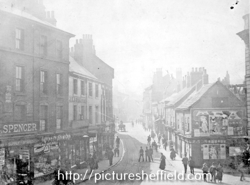Nos. 5, Spencer Brothers, grocers, 7 J. M.Furness, chemist etc., (left) and Nos. 10, tea dealers, 12 etc. (right) West Bar from the junction with Coulston Street