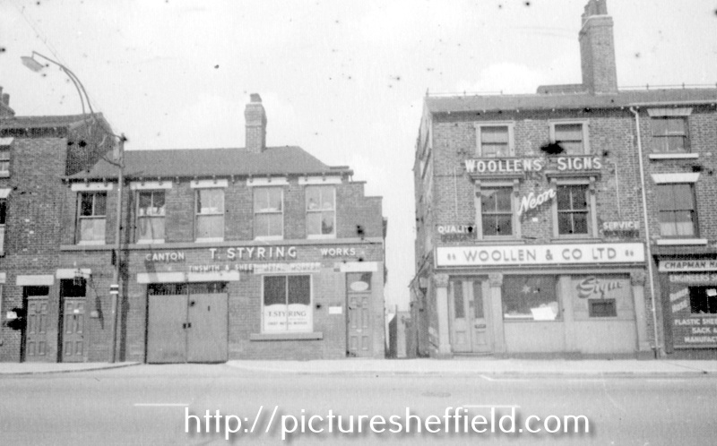 West Street and West Bank Lane entrance. No. 86 Woollen and Co. Ltd., sign and showcard specialists, No. 92 Thos. Styring, sheet metal worker, Canton Works