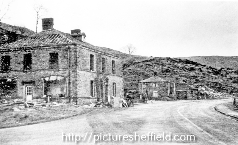 Ruins of Ashopton Inn, Sheffield to Glossop road, during the construction of Ladybower Reservoir