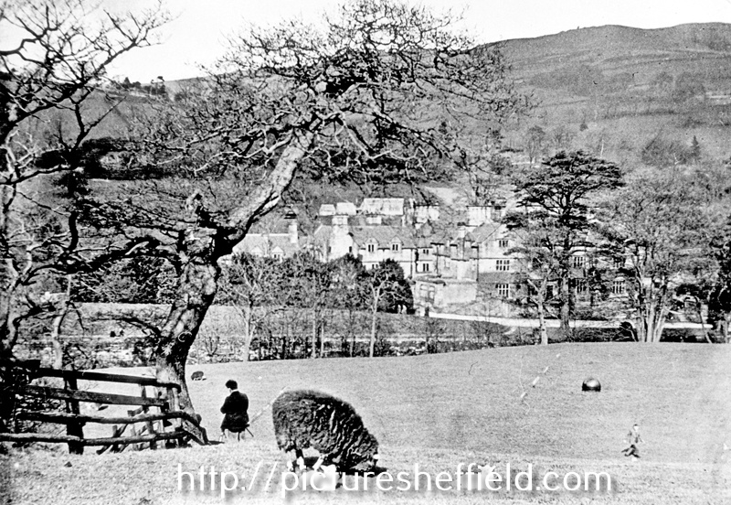 Derwent Hall, looking across the River Derwent. Demolished 1940's for construction of Ladybower Reservoir 	
