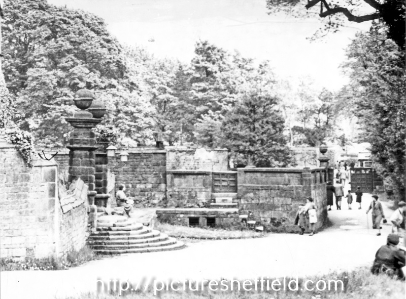 Main gates at Derwent Hall, pre-1939. Demolished 1940's for construction of Ladybower Reservoir