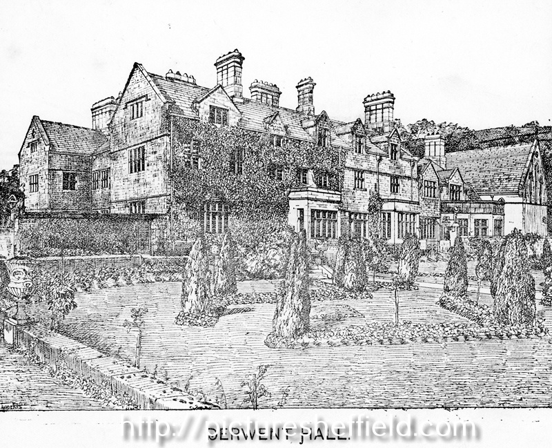East front of Derwent Hall. Ornamental garden includes clipped Irish yews. Private St. Henry's Roman Catholic Chapel, built in the 19th century, far right. Demolished 1940's for construction of Ladybower Reservoir