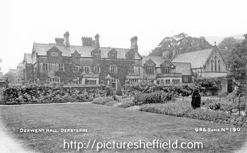 East front of Derwent Hall. Private St. Henry's Roman Catholic Chapel, built in the 19th century, far right. Demolished 1940's for construction of Ladybower Reservoir