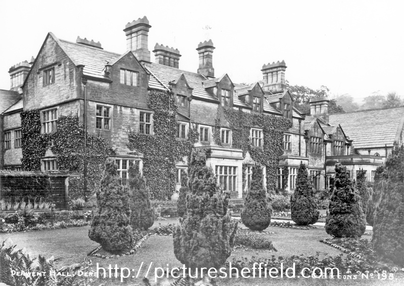 East front of Derwent Hall. Ornamental garden includes clipped Irish yews. Demolished 1940's for construction of Ladybower Reservoir