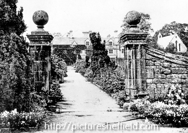 Gardens leading to east front of Derwent Hall. Private St. Henry's Roman Catholic Chapel, right. Demolished 1940's for construction of Ladybower Reservoir
