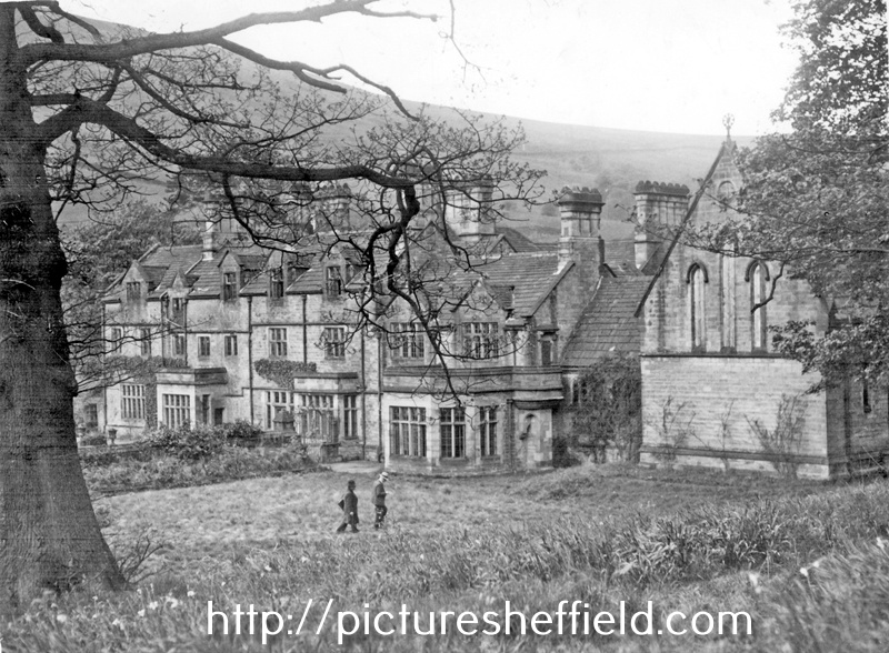 East front of Derwent Hall. Private St. Henry's Roman Catholic Chapel, right. Demolished 1940's for construction of Ladybower Reservoir