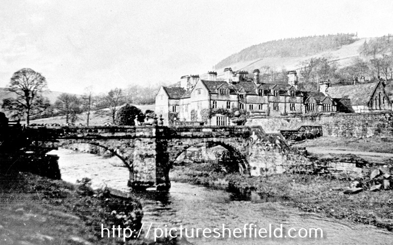 Derwent Hall and the Packhorse Bridge, over the River Derwent. Demolished 1940's for construction of Ladybower Reservoir