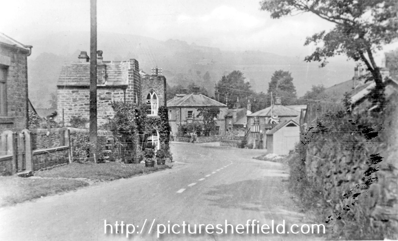 Toll Bar Cottage, Ashopton, junction of Sheffield to Glossop road and Wood Lane. Ashopton Inn, in background