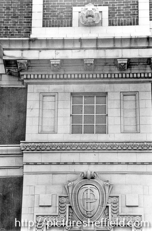 Exterior detail of Gaumont Cinema, Barker's Pool, formerly The Regent. Designed by W.E. Trent. Opened 26th December, 1927. Became the Gaumont in 1946 and was twinned by Rank in 1969 and tripled in 1979. Closed 7th November 1985