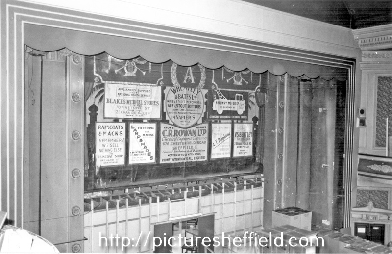 Safety curtain at former Abbeydale Picture House, Abbeydale Road. Designed by Dixon and Stienley. Opened 20 December 1920. Took over by the Star Group in the 1950s. Closed 5 July 1975. Bought by A. and F. Drake Ltd. and converted into office furnitur
