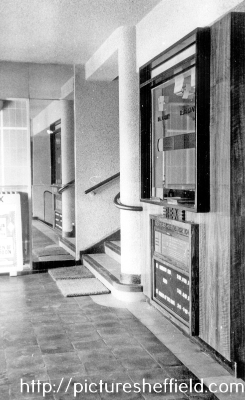 Foyer and paybox, Rex Cinema, junction of Mansfield Road and Hollybank Road, Intake, prior to demolition. Opened 24 July 1939. Designed by Hadfield and Cawkwell, seated 1350. Closed December 1982 and demolished October 1983