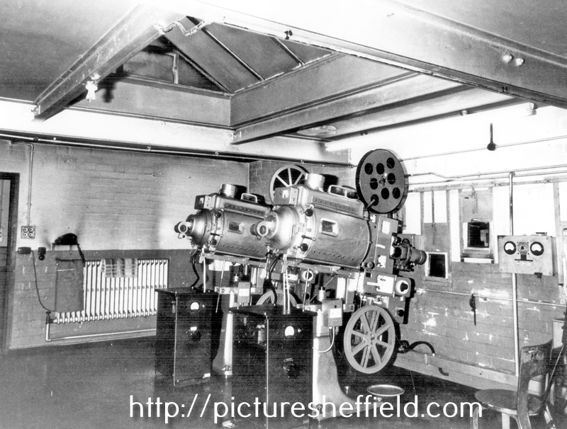 Projection room, Rex Cinema, junction of Mansfield Road and Hollybank Road, Intake, prior to demolition. Opened 24 July 1939. Designed by Hadfield and Cawkwell, seated 1350. Closed December 1982 and demolished October 1983