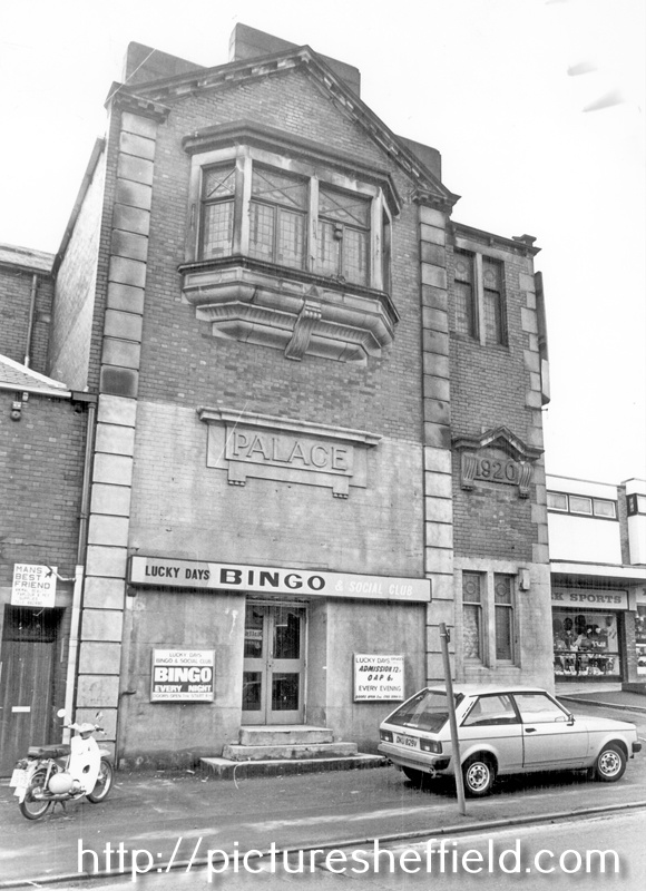 Bingo Hall at the former Stocksbridge Palace, Manchester Road, Stocksbridge. Opened 12 May 1921, at a cost of £30,000, with seating for 1000. Closed 23 July 1966 and became a bingo hall.