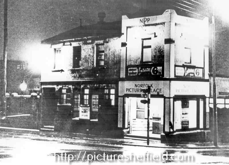 Night view of The Norfolk Picture Palace, junction of Duke Street and Talbot Street, Park. Opened 24 December 1914, seating 1000. Closed 24 December 1959. Demolished 1966.