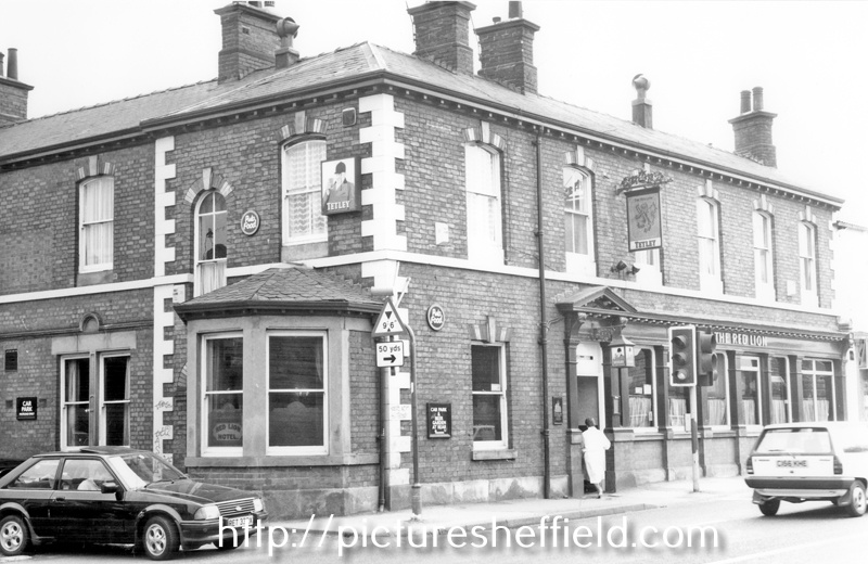 The Red Lion Hotel, No. 653 London Road at junction of Thirlwell Road. The former terminus for horse drawn bus and horse tram service to Heeley. The former tram sheds situated just around the corner on Albert Road