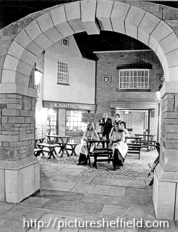 Opening of Stone House public house, No. 21 Church Street, showing the newly refurbished interior with an Olde World theme. It had a court yard, surrounded by artificial shop fronts